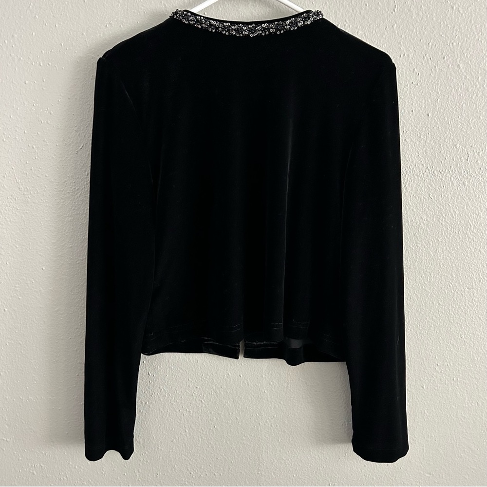 CACHET Beaded Black Velvet Jacket Cardigan Size 12 L Stretch Open Placket Topper - Picture 4 of 6